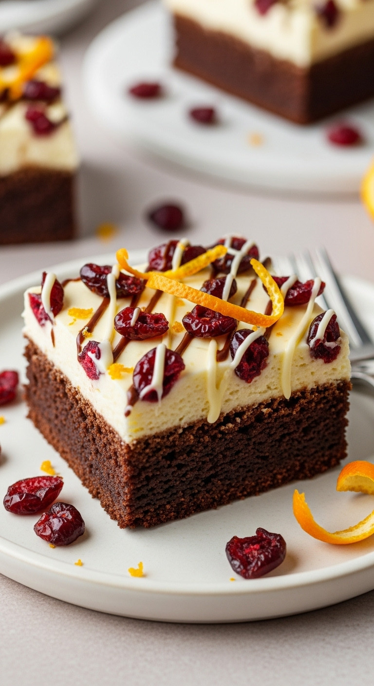 Elegant Cranberry Bliss Brownies With Cream Cheese Frosting, Dried Cranberries, And Orange Zest On A Cream Plate.