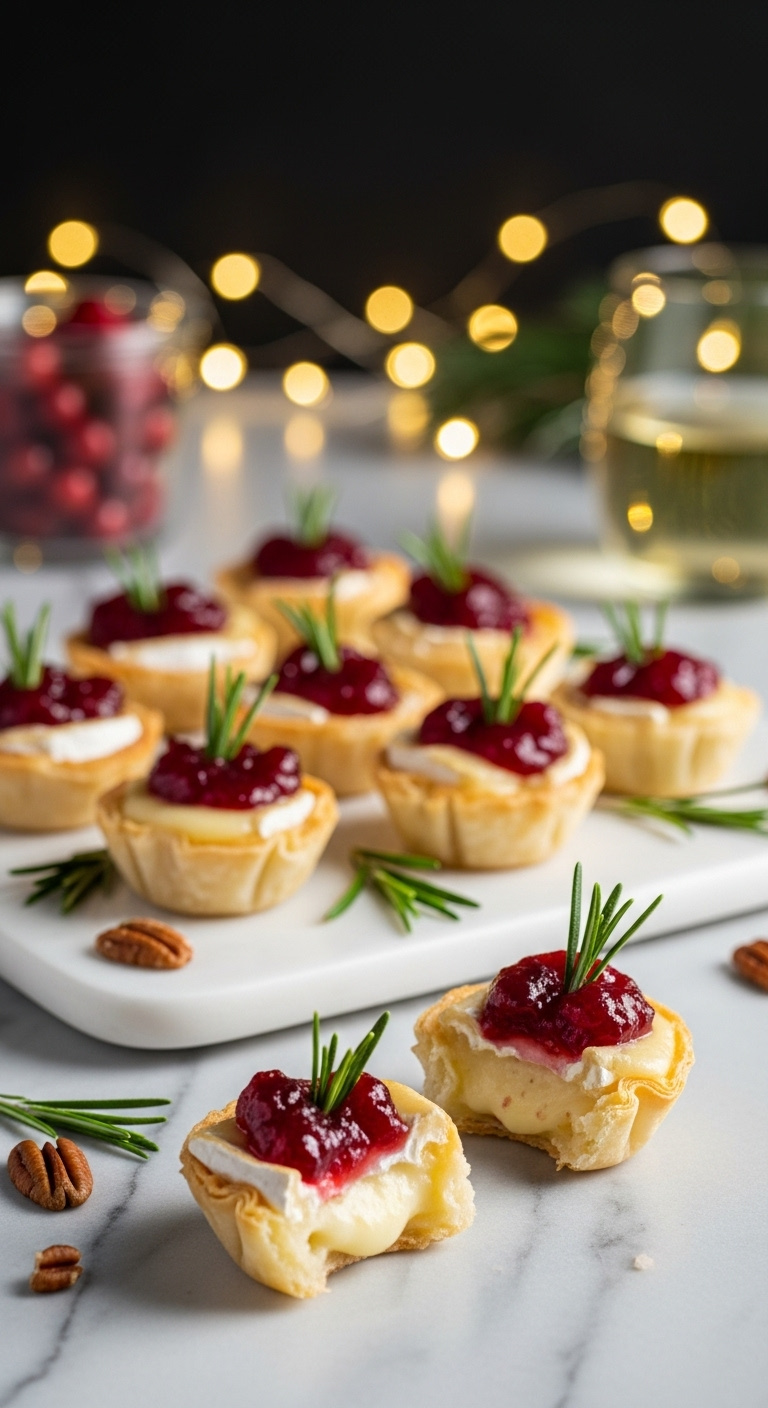 Elegant Cranberry Brie Bites In Phyllo Shells With Rosemary And Pecans On A Marble Platter, With A Soft Blurred Background And Twinkling Lights