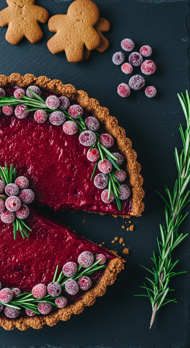 Elegant Cranberry-Gingersnap Tart With Vibrant Ruby Filling, Crumbly Crust, Garnished With Sugared Cranberries And Rosemary.