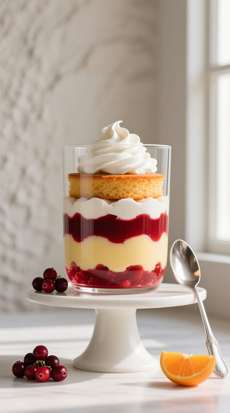 Elegant Cranberry Orange Trifle Dessert In Clear Glass Bowl, Distinct Layers Of Red Cranberries, Vanilla Custard, White Cream, Orange Cake.