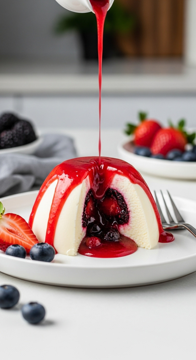 Elegant Creamy White Panna Cotta Brain With Oozing Berry Guts And Strawberry Sauce On White Ceramic Plate With Fresh Fruit