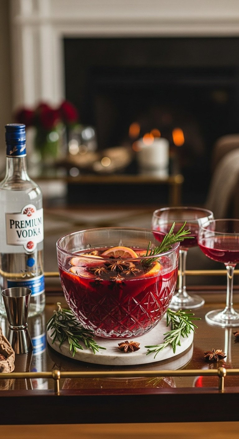 Elegant Crystal Punch Bowl With Deep Red Boozy Christmas Punch, Star Anise, Rosemary, Vodka, Coupe Glasses, Bar Cart.