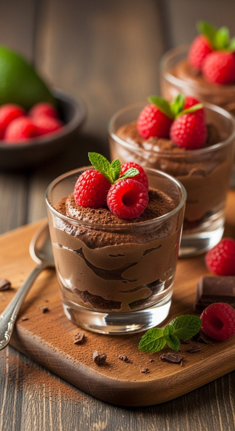 Elegant Dark Chocolate Avocado Mousse, Topped With Fresh Raspberries And Cocoa Powder, Served In Glass Dessert Cups On A Wooden Board.