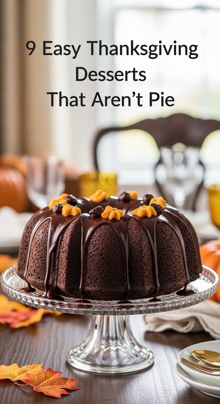 Elegant Dark Chocolate Bundt Cake With Chocolate Ganache Drizzled Over Fluted Sides On A Crystal Cake Pedestal With Autumn Leaves