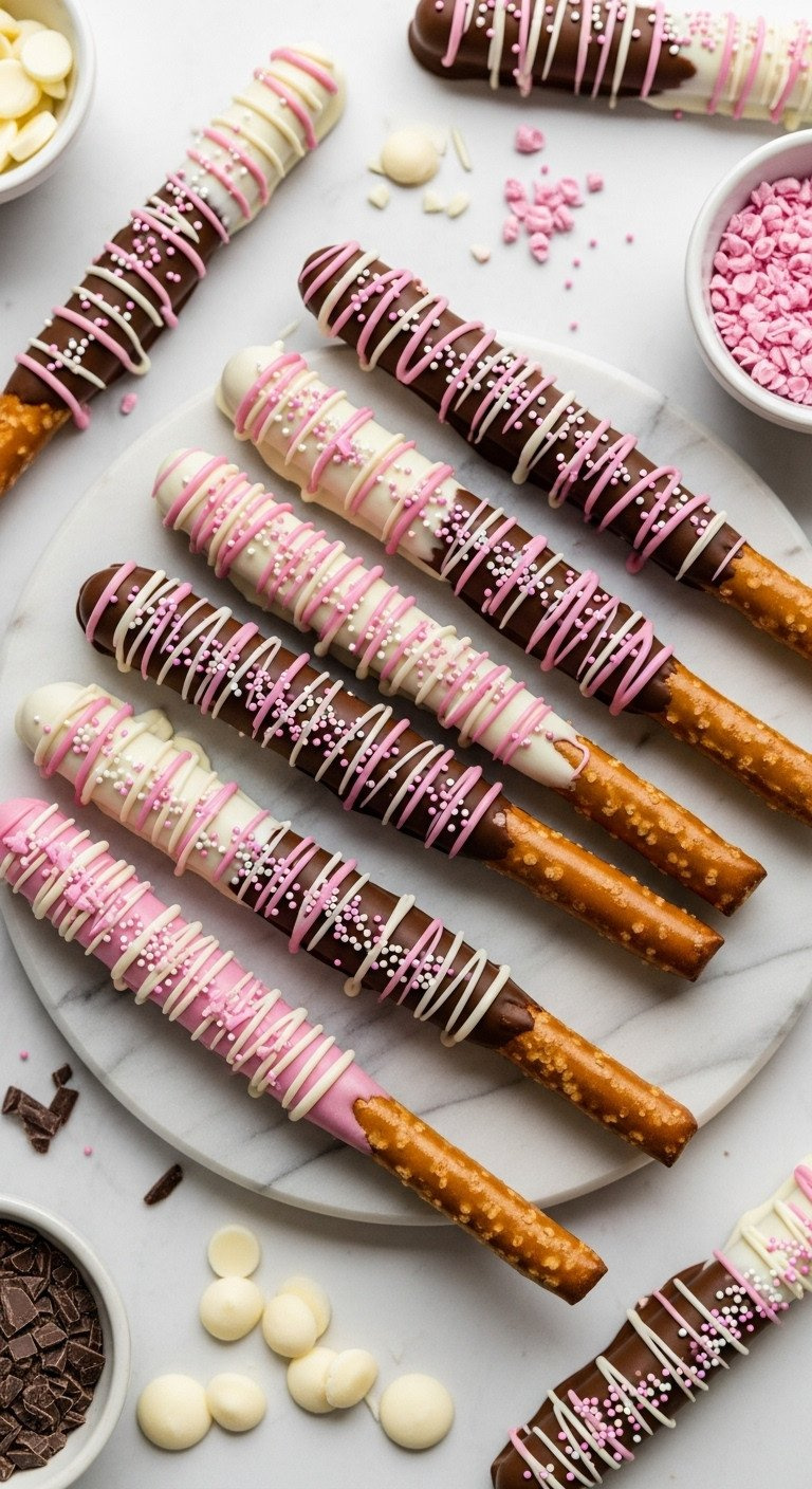 Elegant Dark Chocolate Covered Pretzel Rods With Pink And White Drizzle, Iridescent Sprinkles, On A Marble Counter.