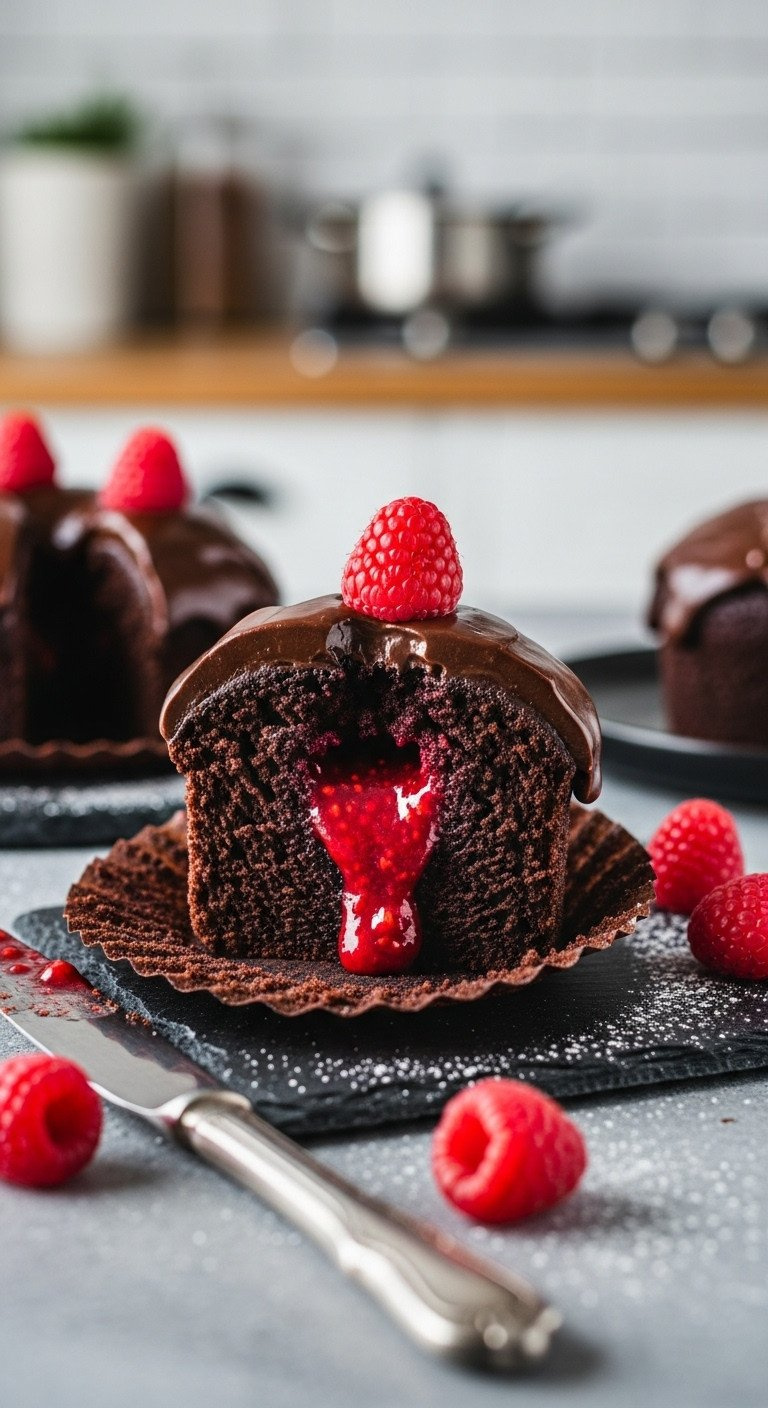 Elegant Dark Chocolate Raspberry Filled Cupcake, Sliced With Oozing Red Filling, Ganache, Fresh Raspberry, Slate Tray, Dramatic Lighting.