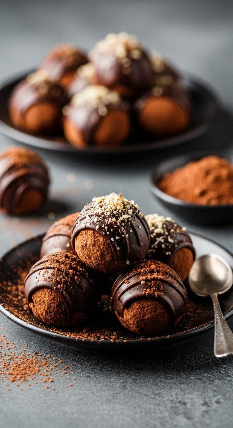 Elegant Dark Chocolate Truffles, Dusted With Cocoa Powder And Chopped Nuts, Dipped In Glossy Chocolate On A Small Plate.