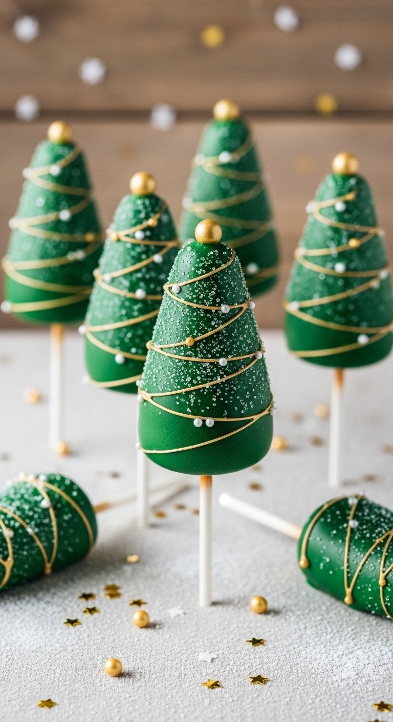 Elegant Dark Green Christmas Tree Cake Pops With Gold Sprinkles, Sugar Pearls On A Linen Tablecloth.