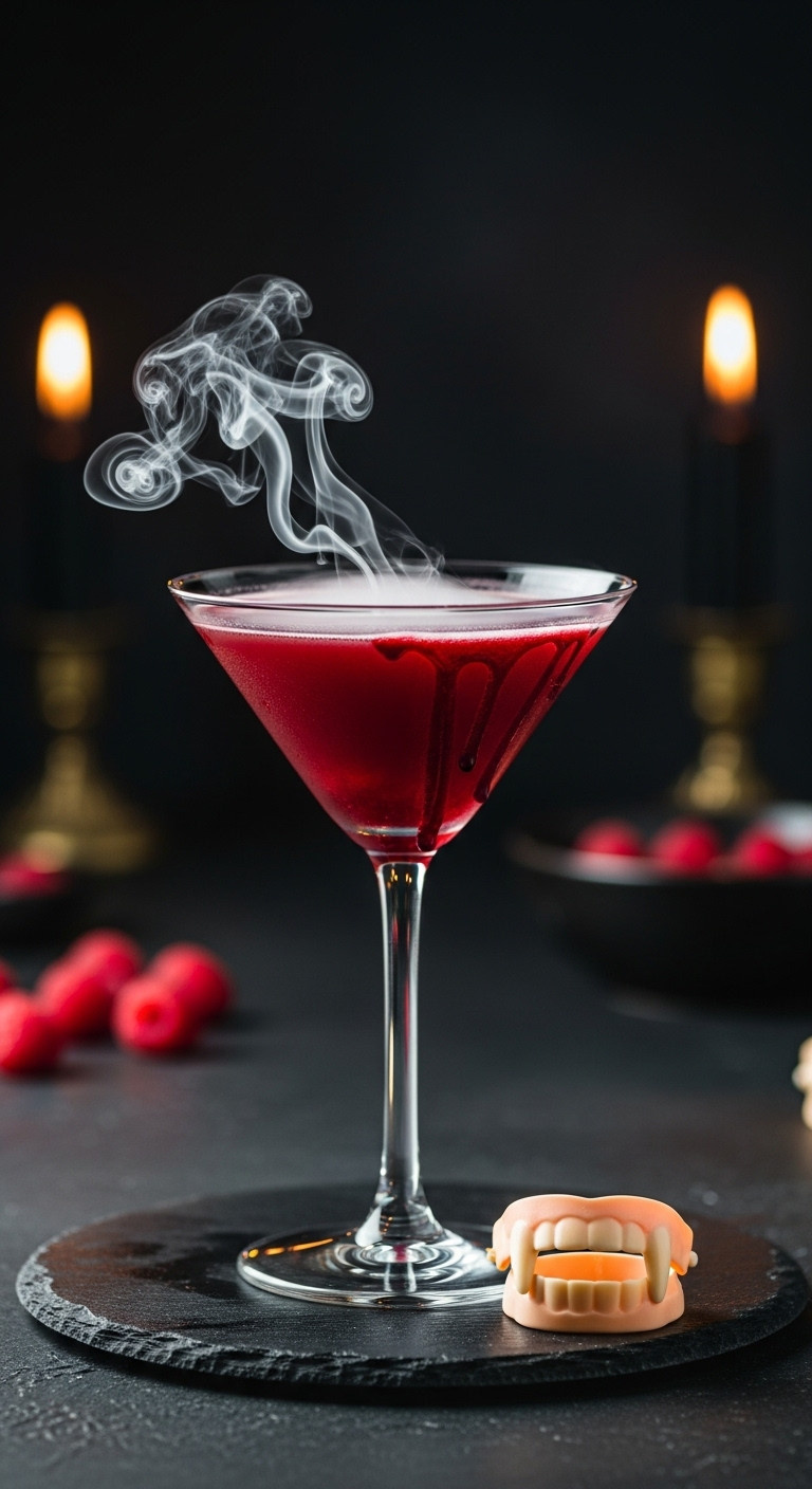 Elegant Deep Red Vampire's Kiss Martini With A 'Blood' Drip Of Raspberry Syrup And Smoke In A V-Shaped Glass.
