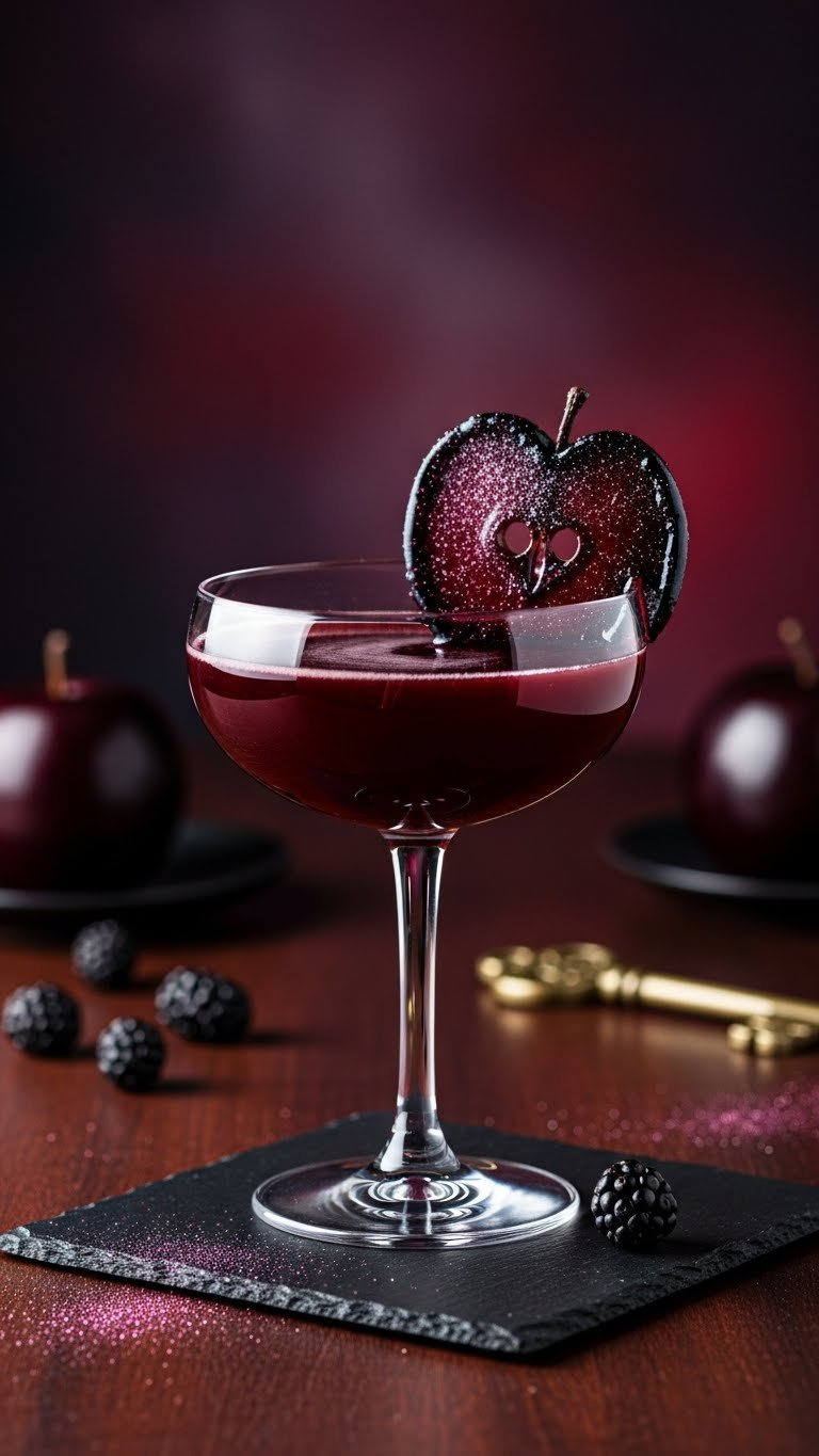 Elegant Deep Red Poison Apple Cocktail In Coupe Glass With Candied Black Apple Garnish Against Dark Jewel-Toned Background