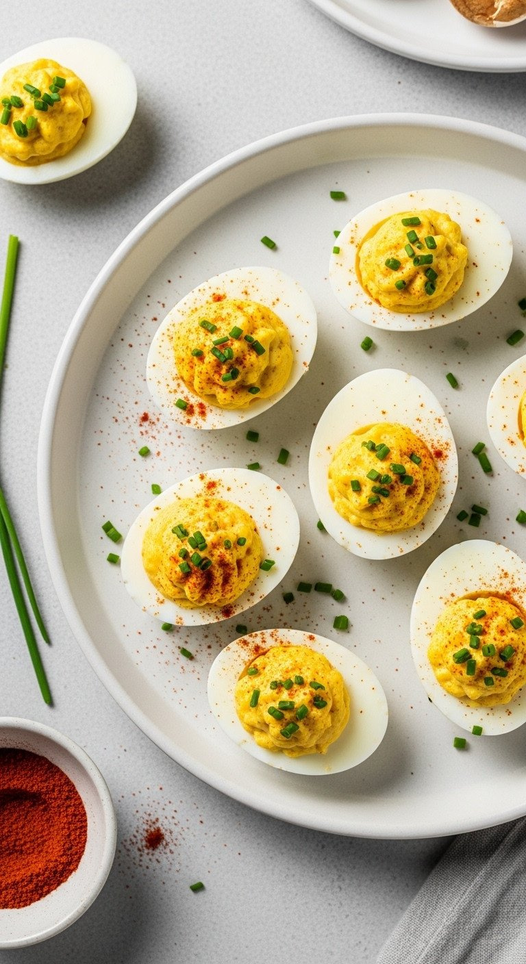 Elegant Deviled Eggs On A White Ceramic Platter, Garnished With Paprika And Chives. Classic Party Appetizer.