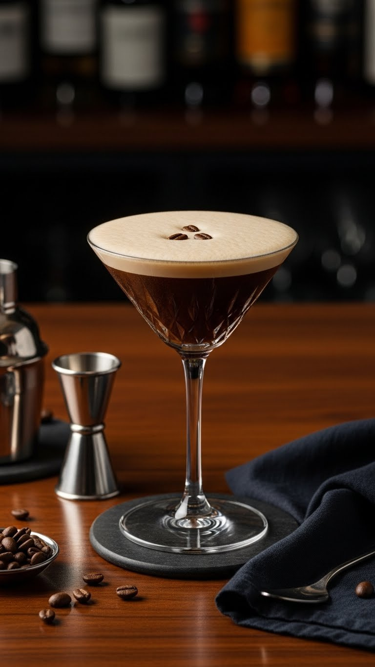 Elegant Espresso Martini Mocktail In Martini Glass With Creamy Foam And Three Coffee Beans On Dark Wood