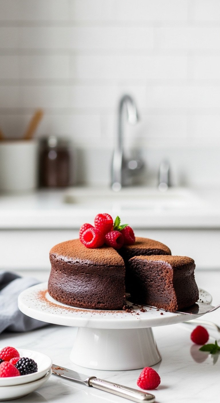 Elegant Flourless Chocolate Cake, A Slice Removed Showing Dense Interior, Dusted With Cocoa Powder And Fresh Raspberries. Delicious.