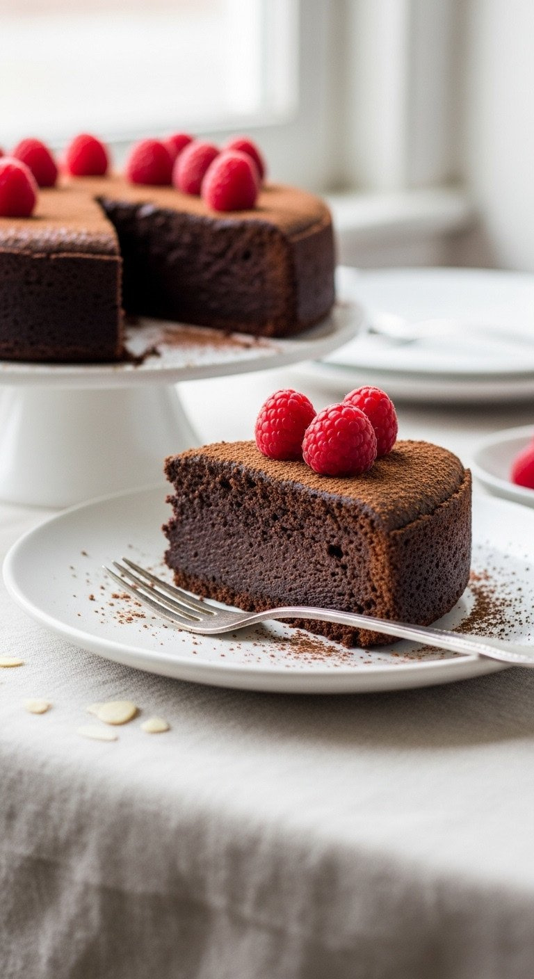 Elegant Flourless Chocolate Torte, Dusted With Cocoa And Fresh Raspberries, On A White Cake Stand, Rich Fudgy Texture.