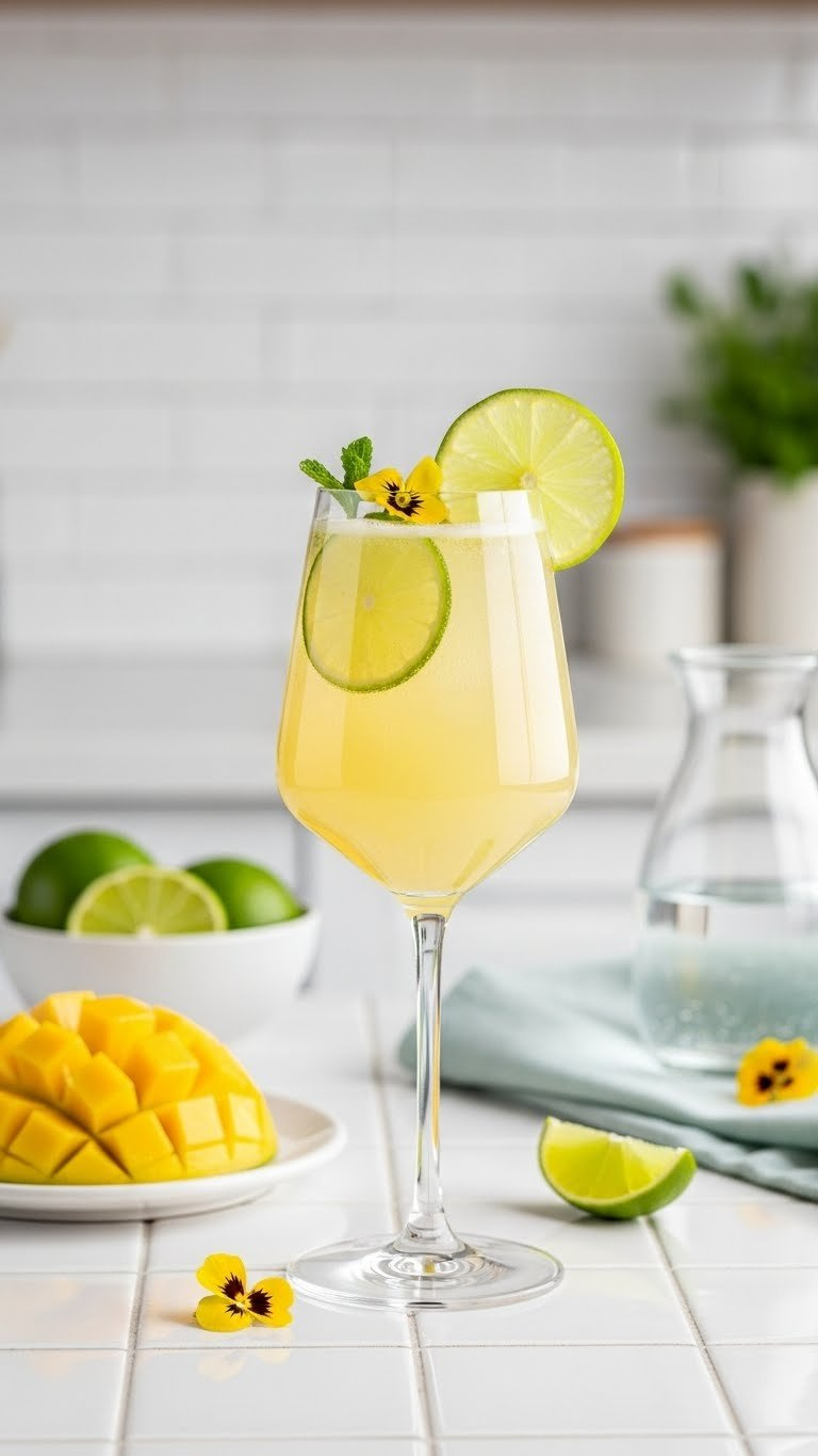 Elegant Flute Glass With Sparkling Mango Fizz Mocktail Adorned With Lime Wheels And Edible Flower