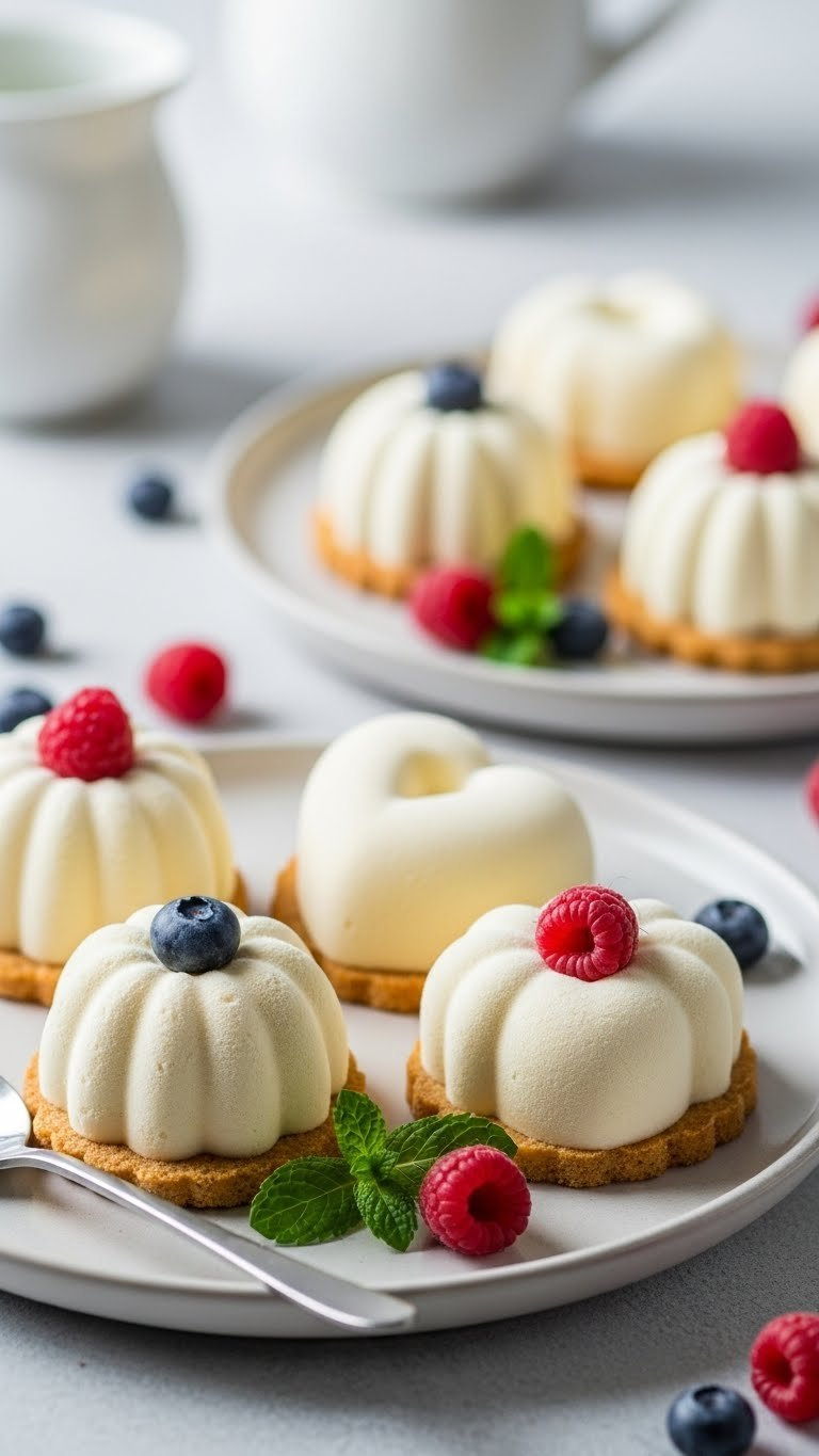 Elegant Frozen Mousse Desserts In Detailed 3D Shapes With Fresh Fruit Garnish On Ceramic Plate Against Soft Bokeh Background