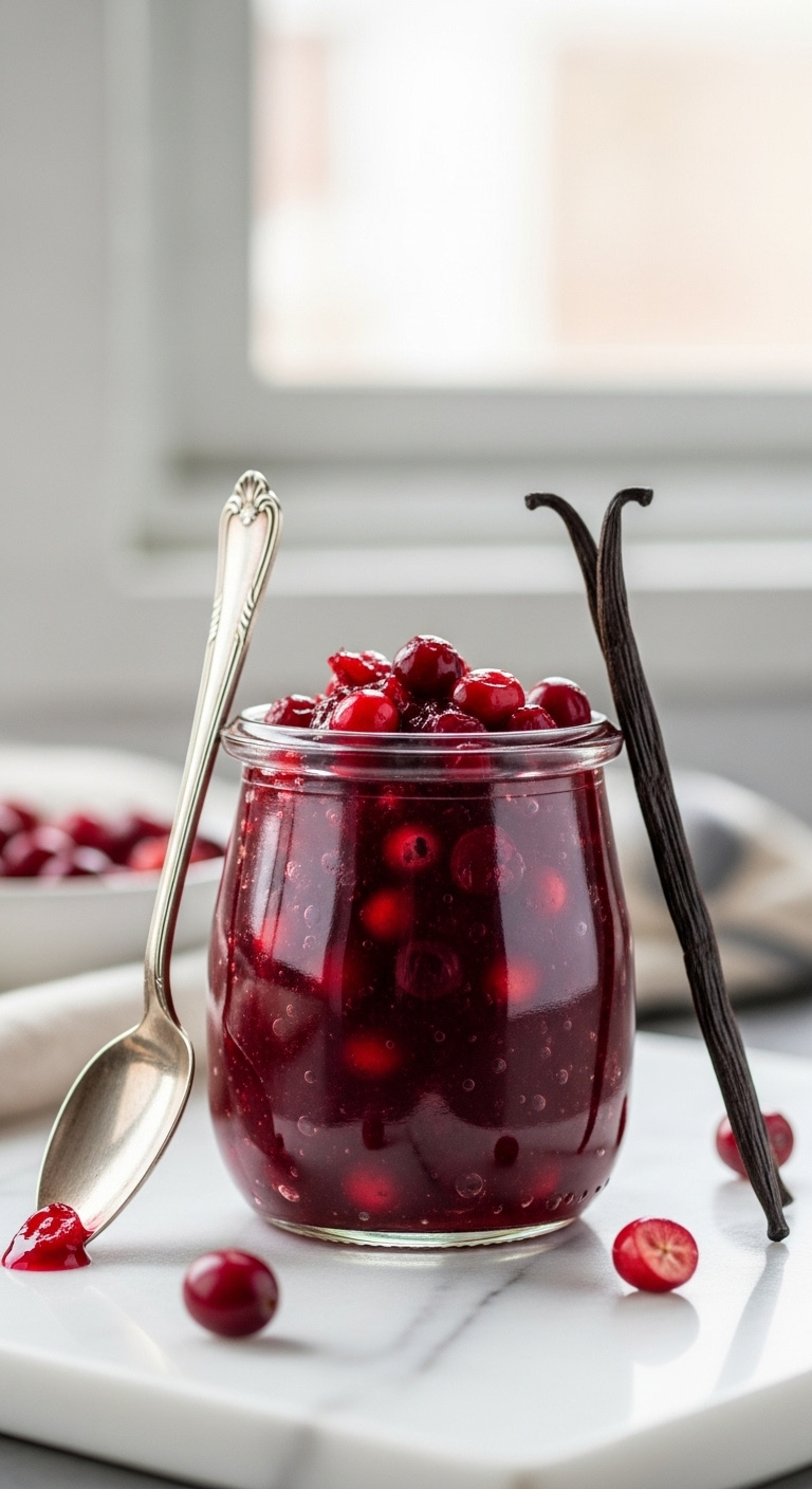 Elegant Glass Jar Of Homemade Vanilla Bourbon Cranberry Sauce With A Vanilla Bean And Fresh Cranberries On White Marble In Soft Window Light