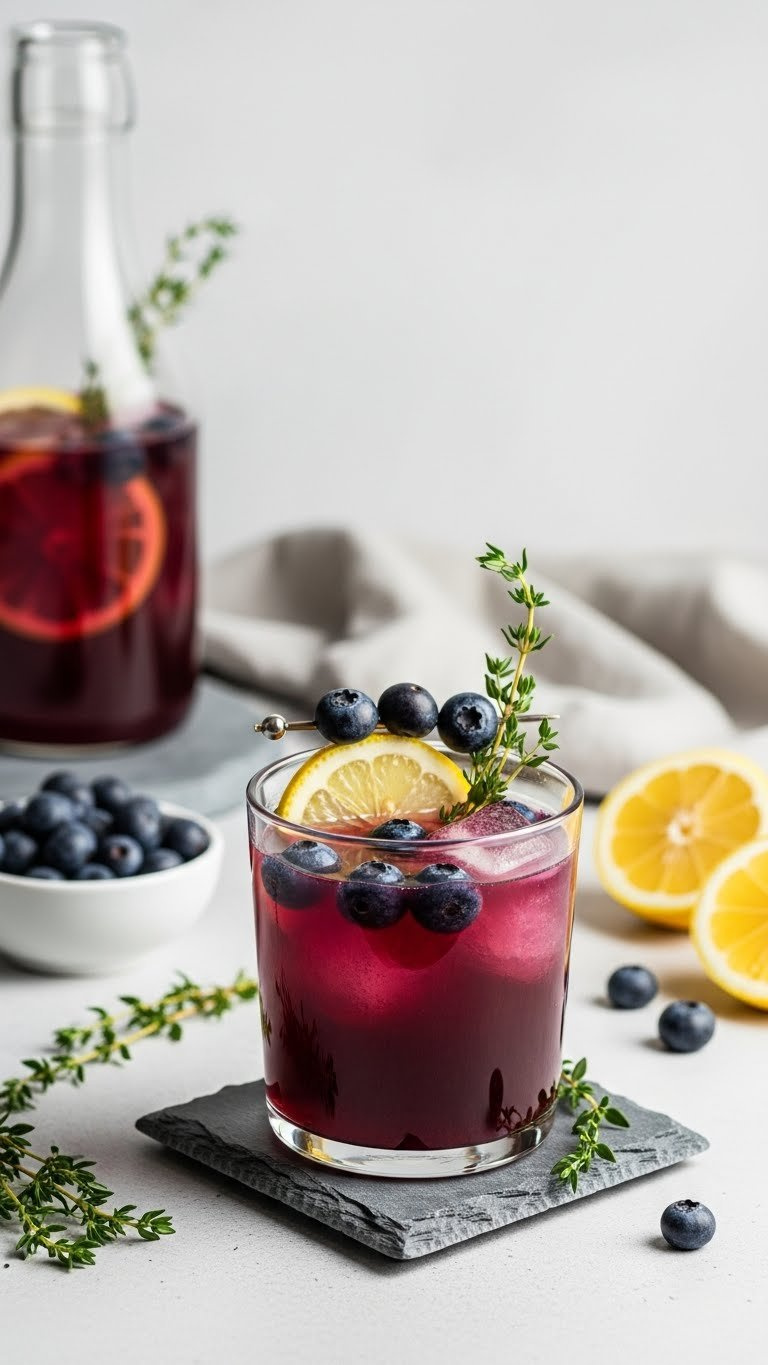 Elegant Glass Of Deep Purple Blueberry Thyme Lemonade Garnished With Fresh Blueberries And Thyme Sprig On Slate Coaster