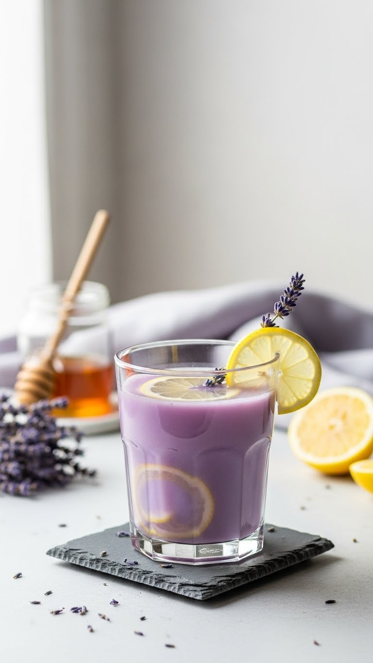 Elegant Glass Of Light Purple Lavender Honey Lemonade With Fresh Lavender Sprig And Lemon Slice On Slate Coaster With Minimalist Setting
