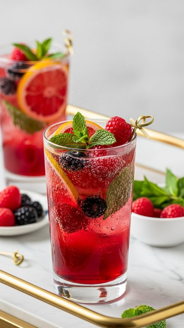 Elegant Glass Of Sparkling Fruit Mocktail With Fresh Berries, Citrus Slices, And Mint Leaves