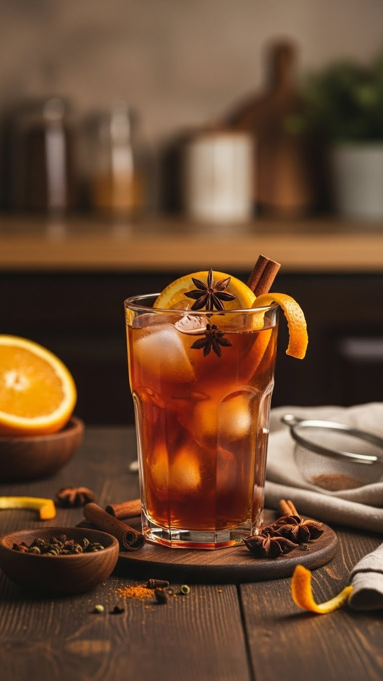 Elegant Glass Of Spiced Orange Iced Tea With Orange Zest, Cinnamon Stick, And Star Anise On Dark Wood
