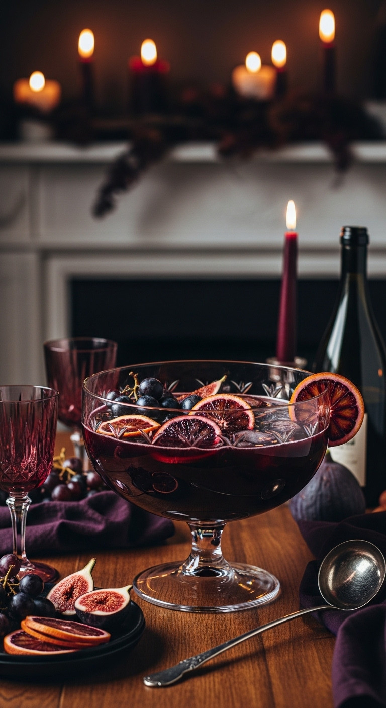Elegant Glass Punch Bowl With Deep Dark Red Jungle Juice Black Grapes Plums Figs And Blood Orange Slices Perfect For Recipes