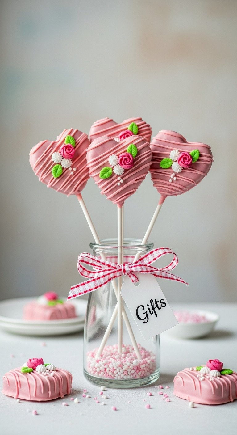 Elegant Gluten-Free Brownie Bouquet Pops With Pink Chocolate And Edible Flowers, Arranged In A Ribbon-Wrapped Vase.