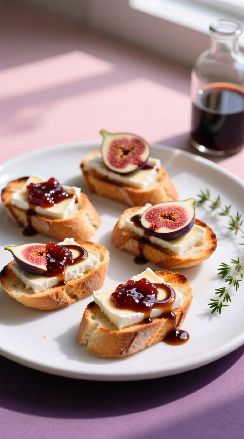 Elegant Goat Cheese Fig Crostini, Balsamic Glaze, Fresh Thyme, On A White Plate, Perfect For Appetizers.