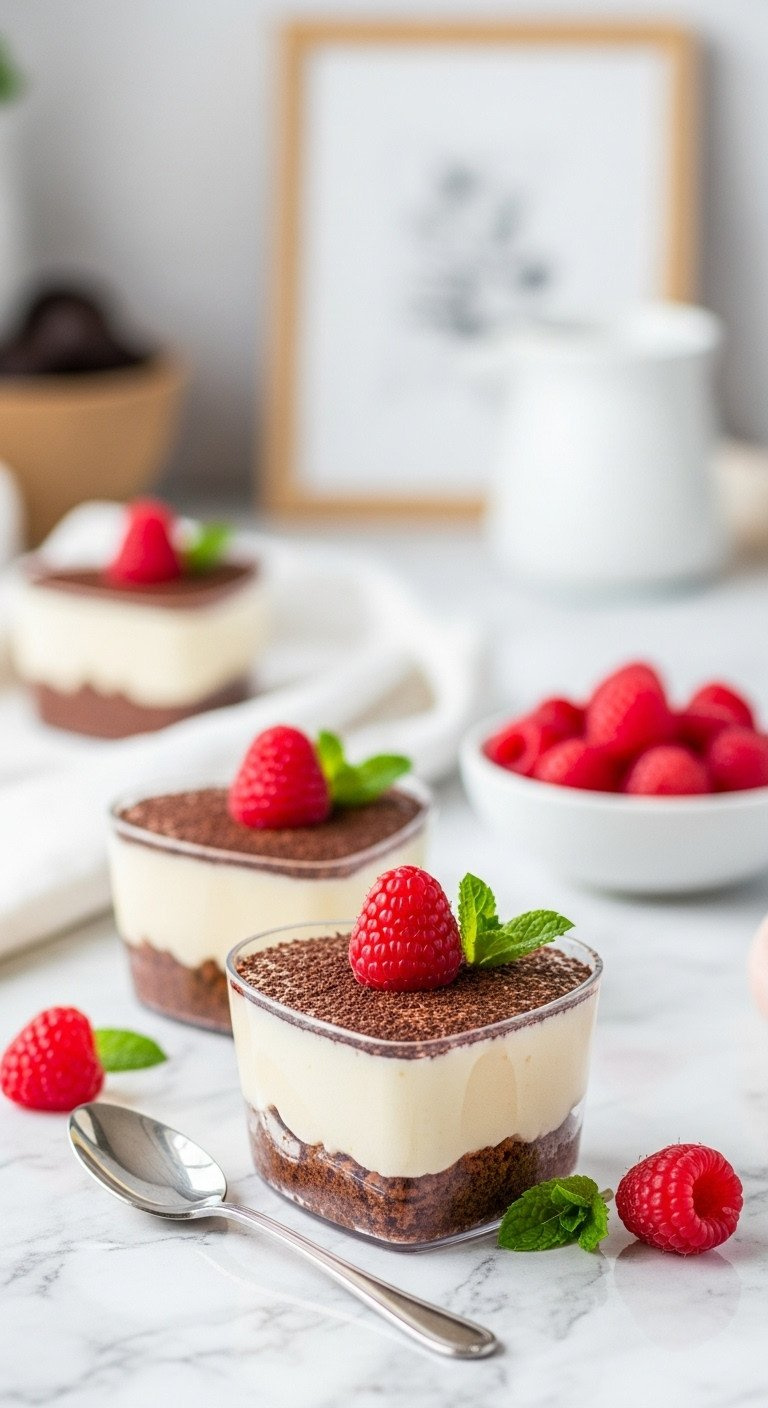 Elegant Heart-Shaped Chocolate Mousse Cups, Creamy Texture, Raspberry, Cocoa Dust On Marble. Serene, Romantic Dessert.