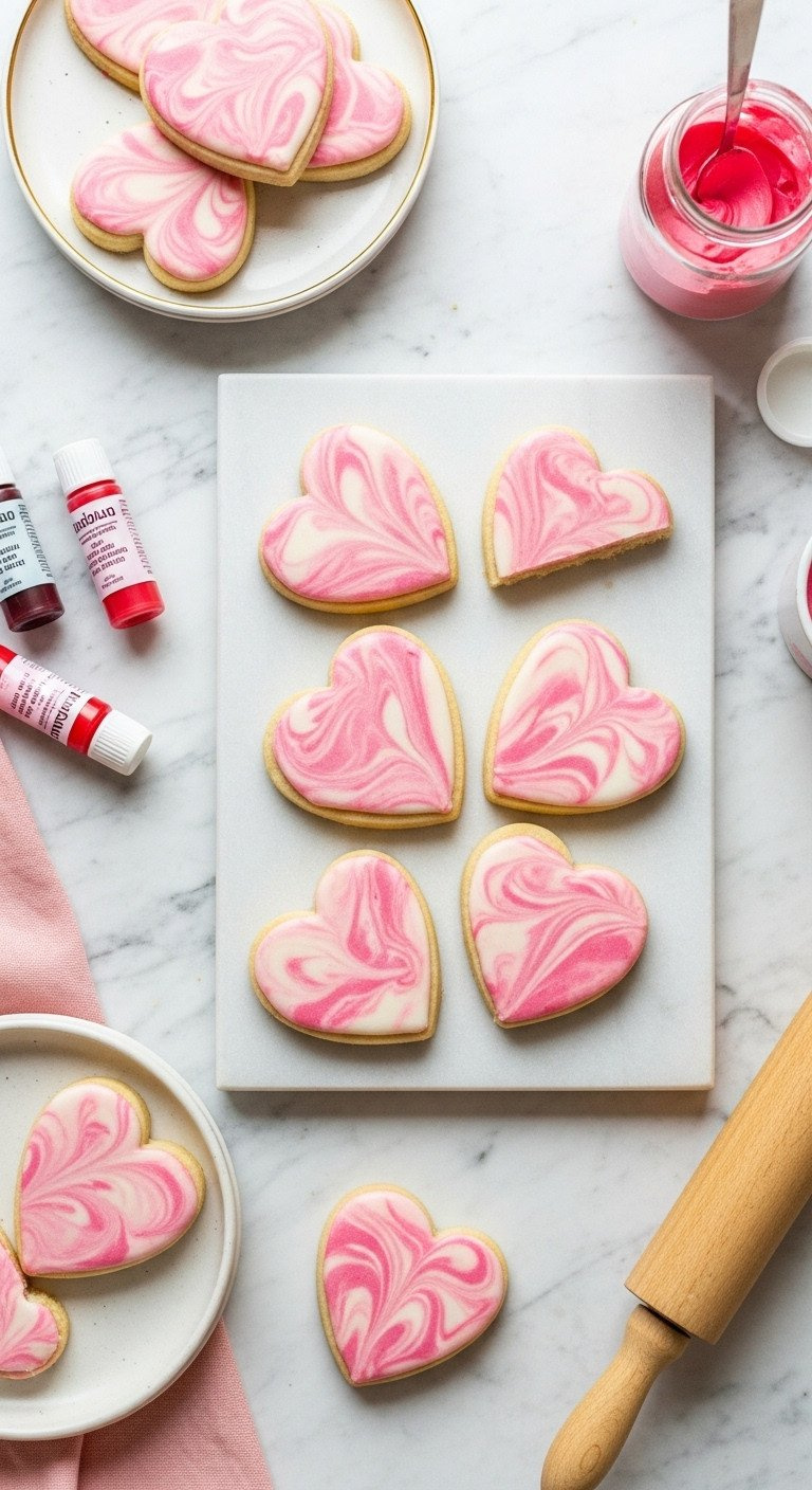 Elegant Heart-Shaped Shortbread Cookies With Pink And White Marbled Icing On A Clean Marble Countertop, A Delicate Homemade Dessert.