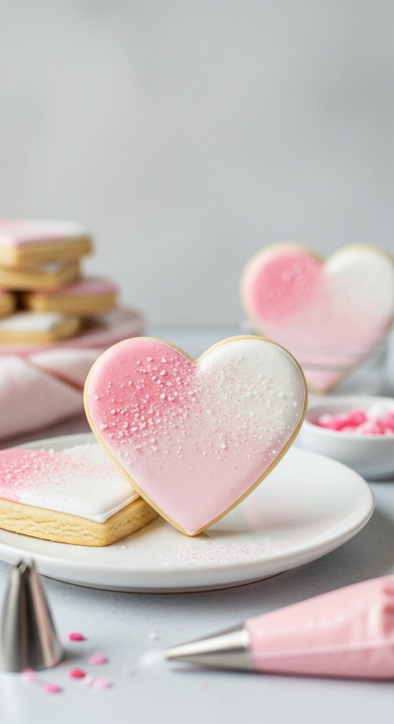 Elegant Heart-Shaped Sugar Cookies, Professionally Decorated With Pink, Blush, White Royal Icing, Edible Glitter On White Plate.