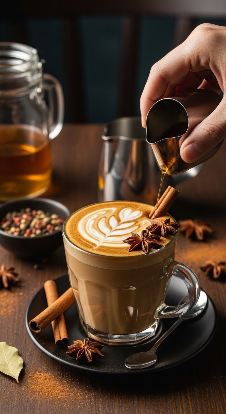 Elegant Honey Cinnamon Latte With Intricate Heart Latte Art And Cinnamon Stick Garnish On A Dark Wooden Table.