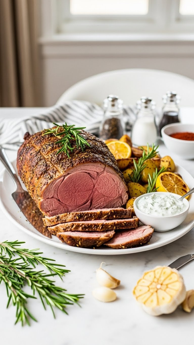 Elegant, Hyperrealistic Roasted Instant Pot Leg Of Lamb, Sliced To Show Tender Pink Meat, With Rosemary, Garlic, Potatoes, And Lemon.