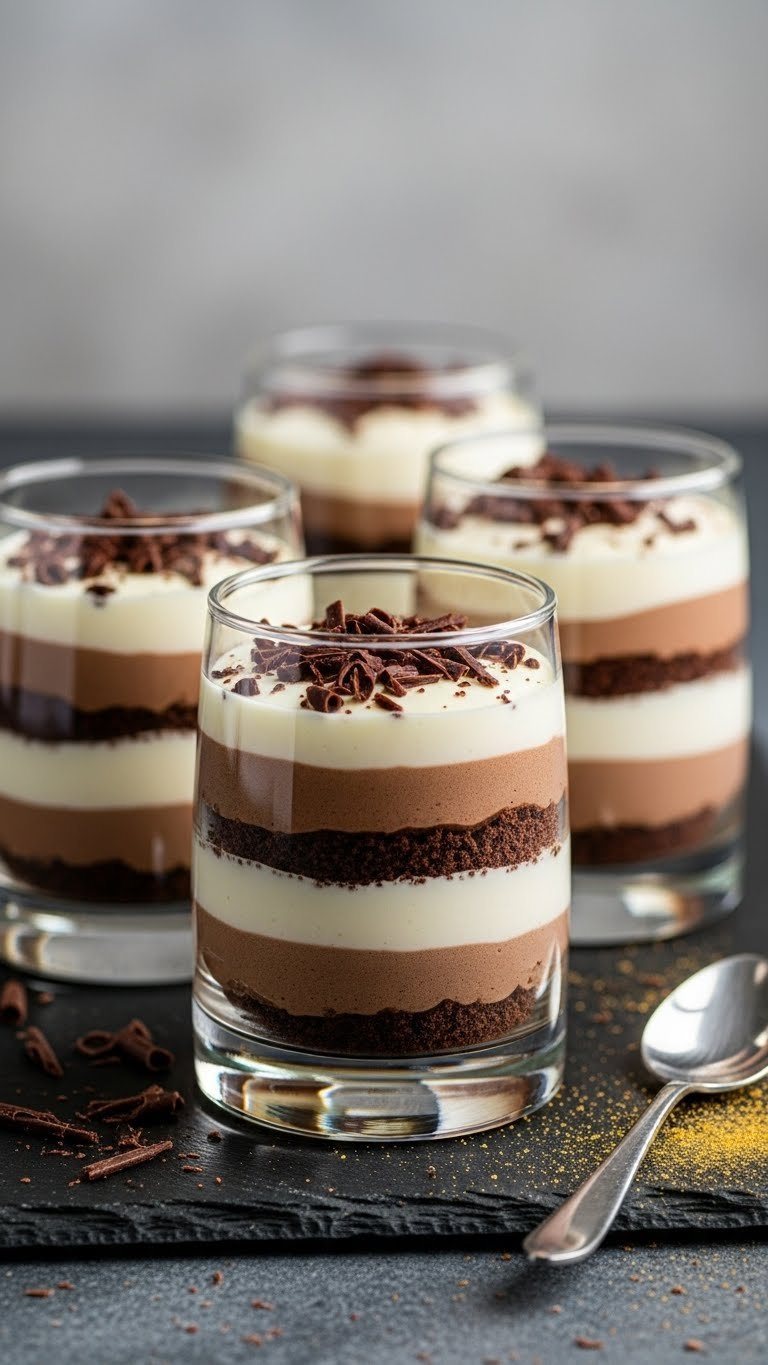 Elegant Individual Chocolate Mousse Desserts Layered With Vanilla, Topped With Dark Chocolate Shavings.