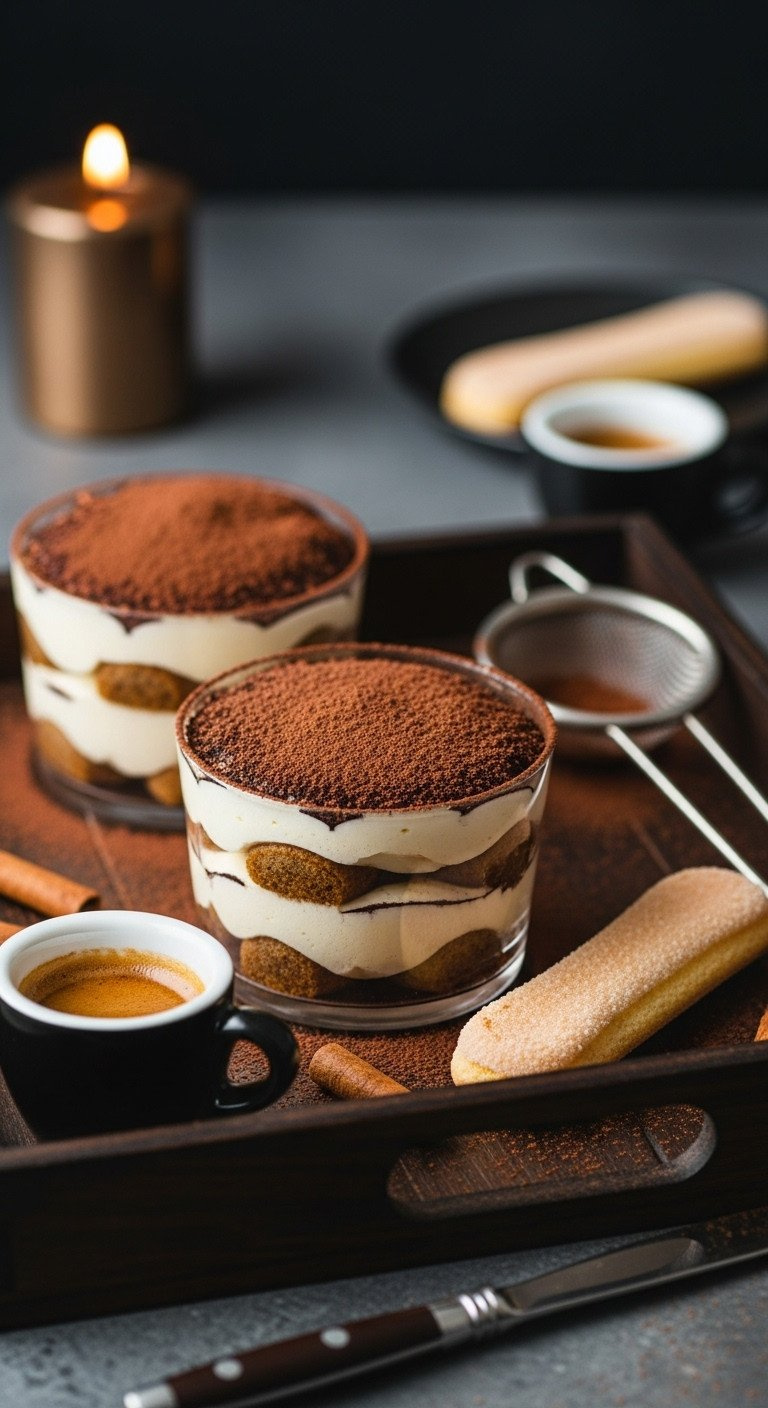 Elegant Individual Tiramisu Cups With Espresso-Soaked Ladyfingers, Mascarpone, Cocoa Powder. Classic Italian Dessert.