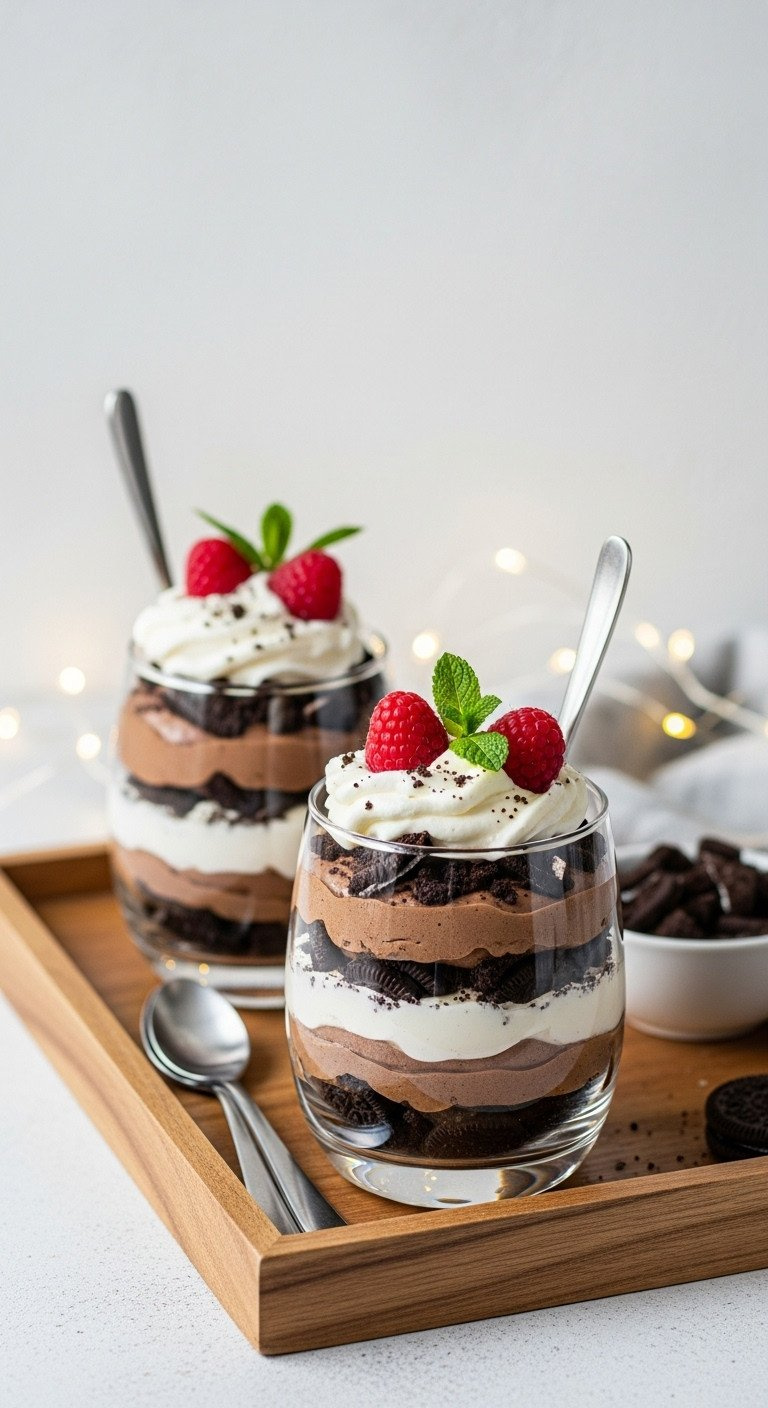 Elegant Layered No-Bake Chocolate Mousse Parfaits, Topped With Whipped Cream, Raspberry, And Mint Leaf. Delicious Dessert.