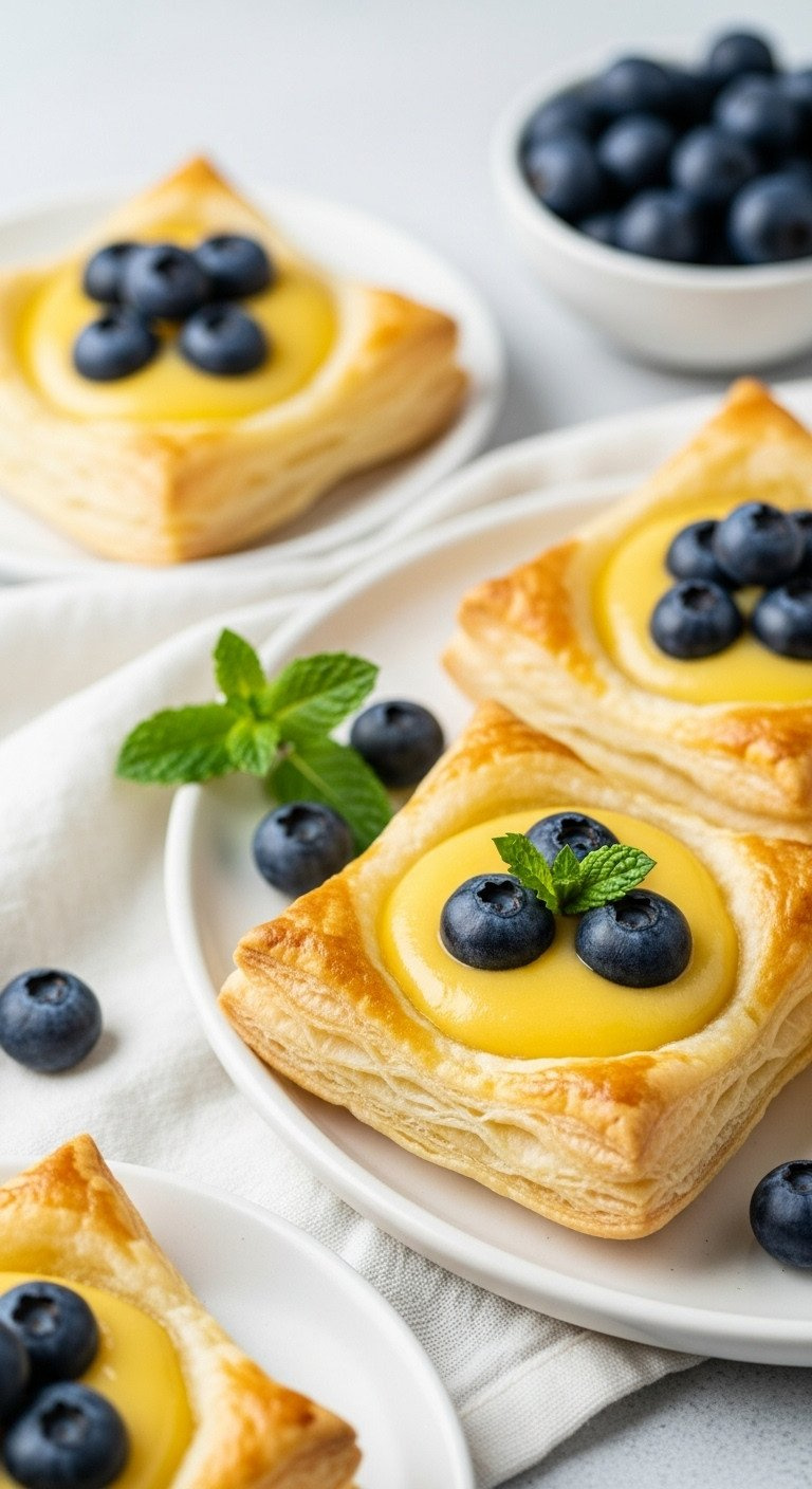 Elegant Lemon Curd And Blueberry Puff Pastry Tartlets With Flaky Edges, Vibrant Yellow Filling, Fresh Blueberries On White Ceramic.