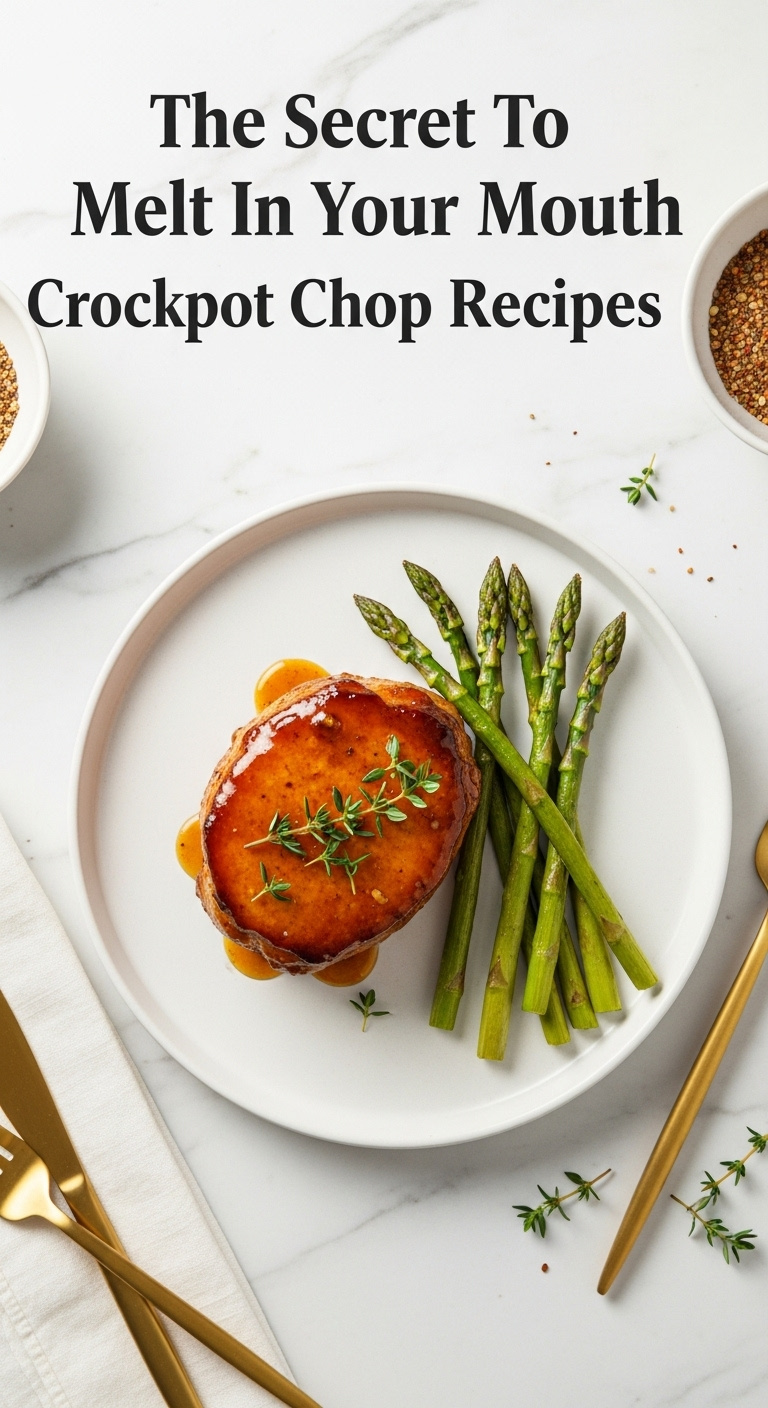 Elegant Maple Dijon Pork Chop With Thyme And Asparagus On A White Plate With Gold Cutlery On A Marble Counter In Studio Light
