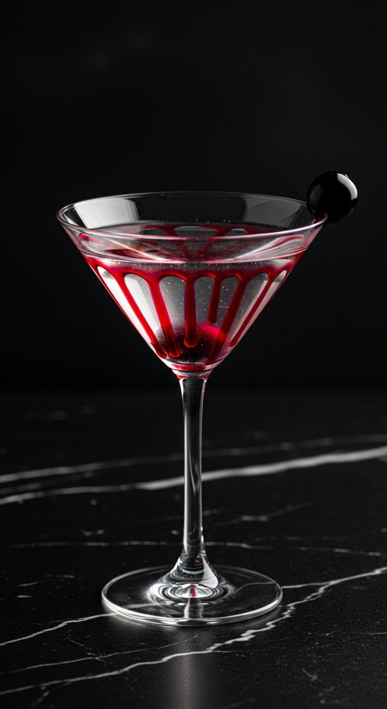 Elegant Martini With Blood-Red Syrup Streaks, Black Cherry Garnish On Black Marble. Chic, Spooky Halloween Cocktail For Parties.