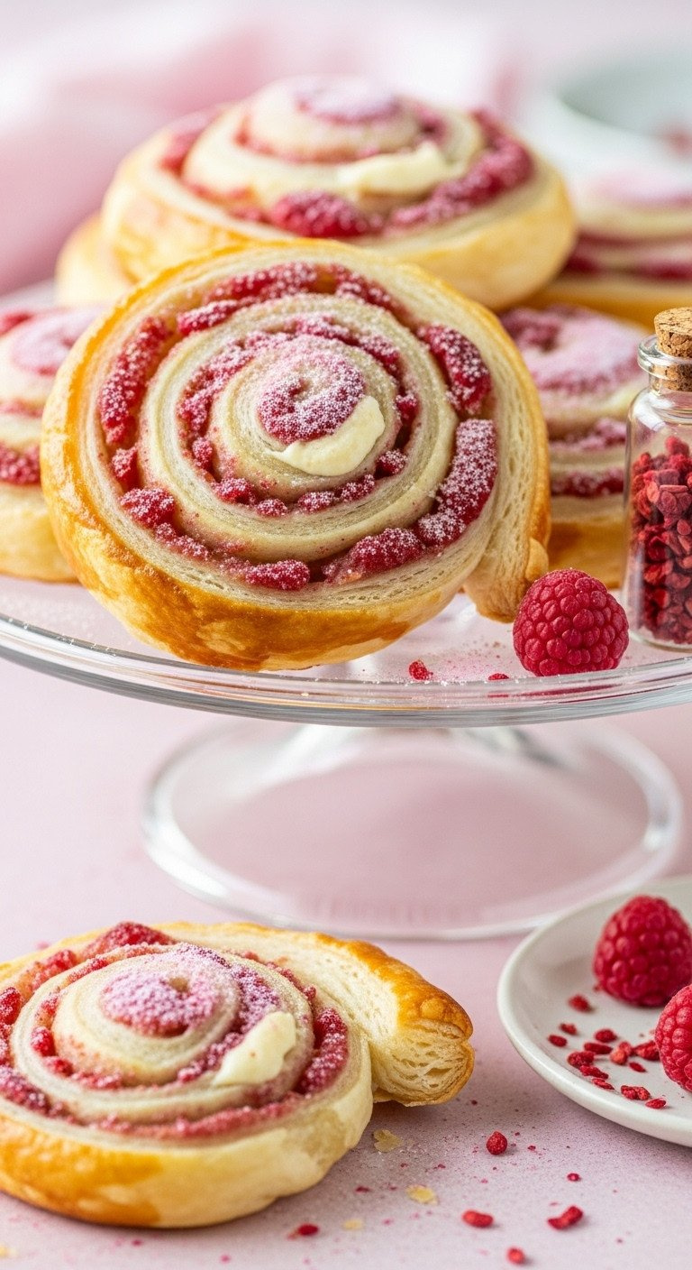 Elegant Mascarpone Rosewater Puff Pastry Pinwheels, Golden Brown, With Creamy Filling And Pink Powdered Sugar On A Glass Stand.