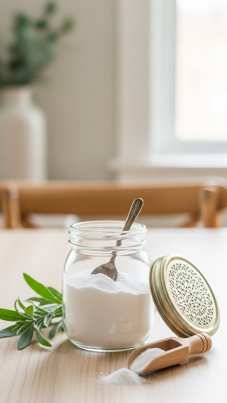 Elegant Mason Jar Baking Soda Air Freshener With Essential Oils And Decorative Lid On Wooden Surface With Lavender Sprig.