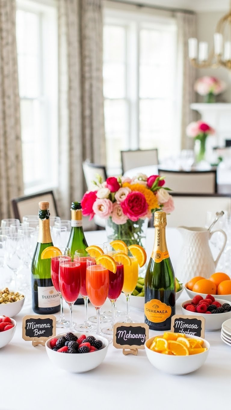 Elegant Mimosa Bar Setup With Colorful Juice Flutes And Fruit Garnishes On White Tablecloth