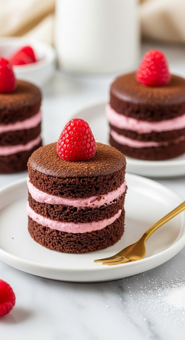 Elegant Mini Chocolate Raspberry Mousse Cakes With Pink Filling, Cocoa, Fresh Raspberries, Gold Fork, Powdered Sugar.