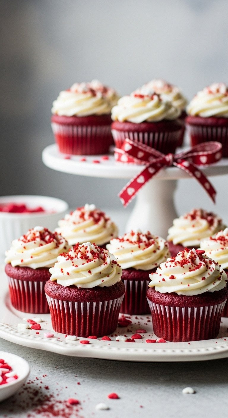Elegant Mini Red Velvet Cupcakes With White Cream Cheese Frosting, Heart Sprinkles, Cocoa Dusting On A Tiered Stand.