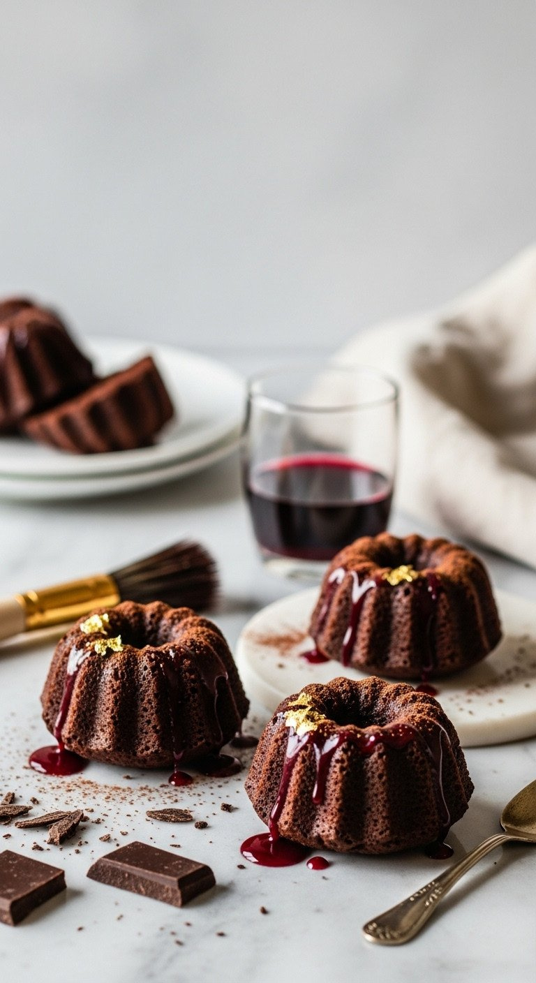 Elegant Mini Red Wine Chocolate Bundt Cakes With Rich Red Wine Glaze, Cocoa Dust, And Gold Leaf On A Marble Counter.