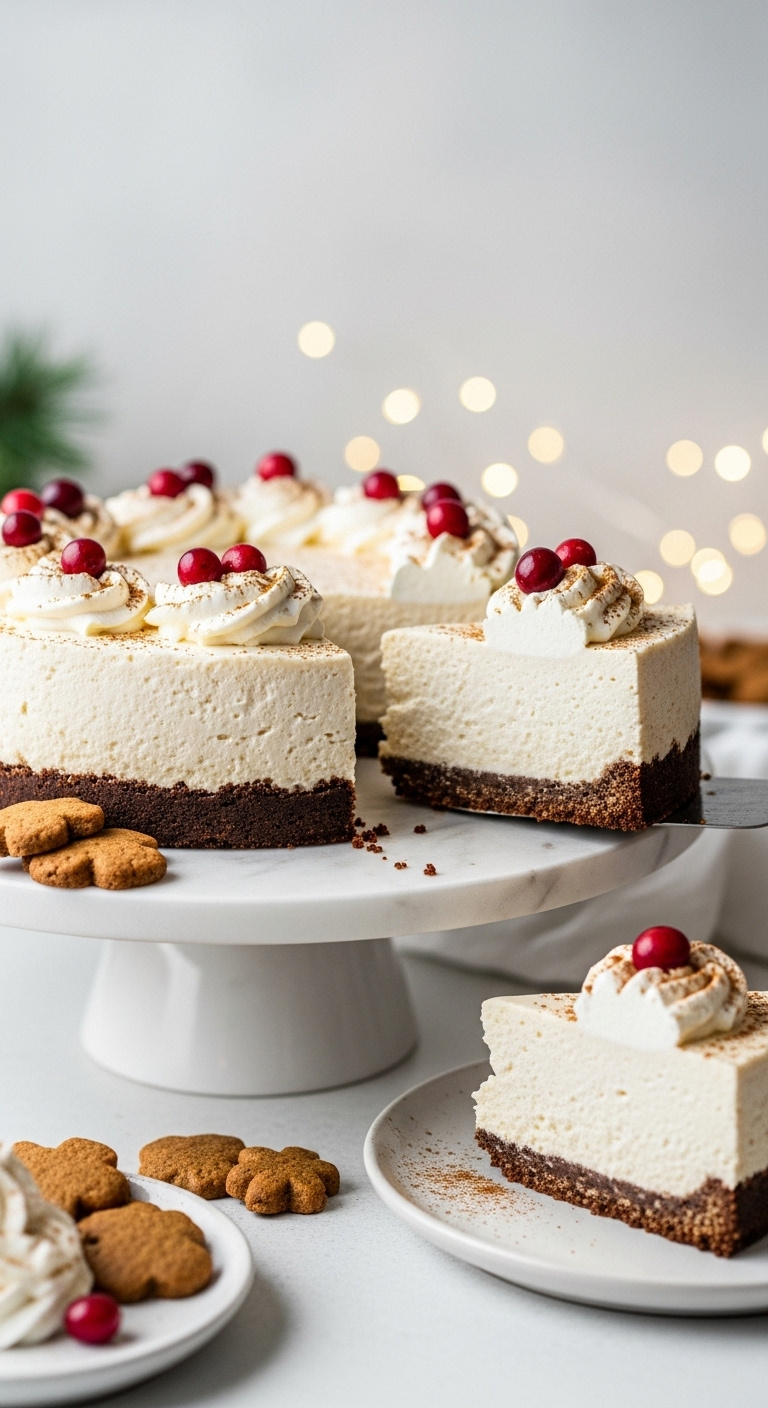 Elegant No-Bake Gingerbread Cheesecake On A Cake Stand With A Slice Removed Showing Creamy Filling And Cookie Crust