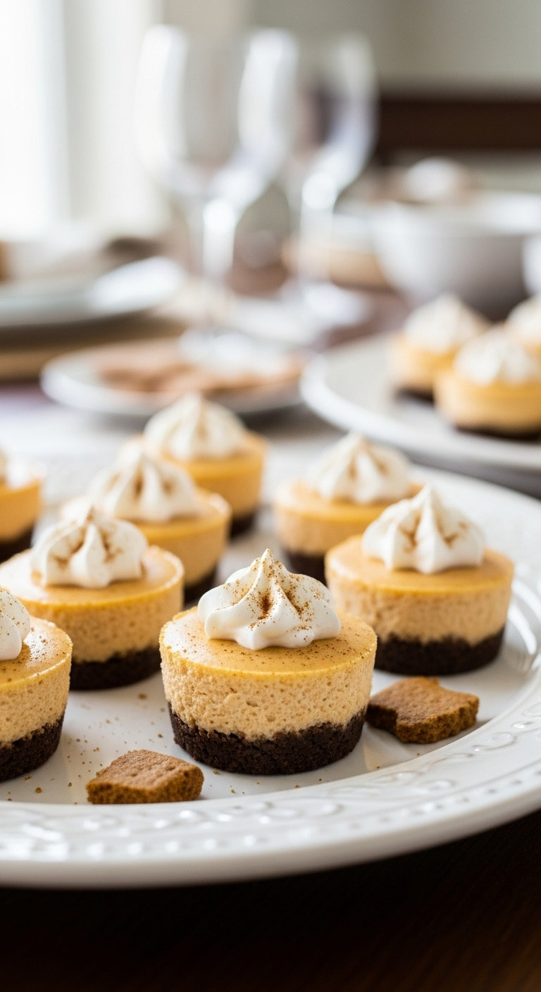 Elegant No-Bake Pumpkin Cheesecake Bites: Gingersnap Crust, Whipped Cream, Cinnamon. White Platter, Soft Light. Fall Holiday Treat.