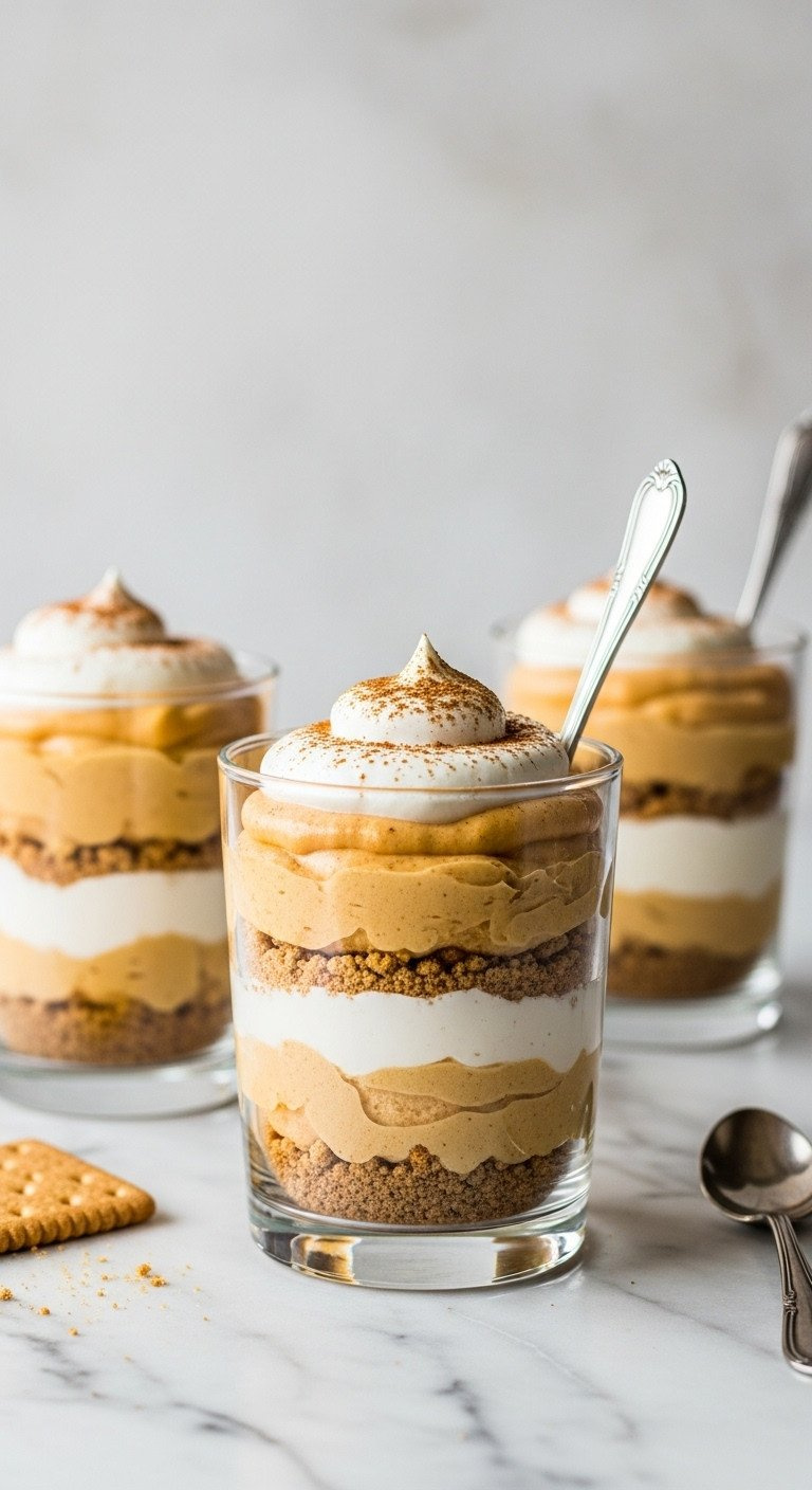Elegant No-Bake Pumpkin Cheesecake Parfaits With Graham Crackers, Creamy Filling, Whipped Cream, Cinnamon On Marble.
