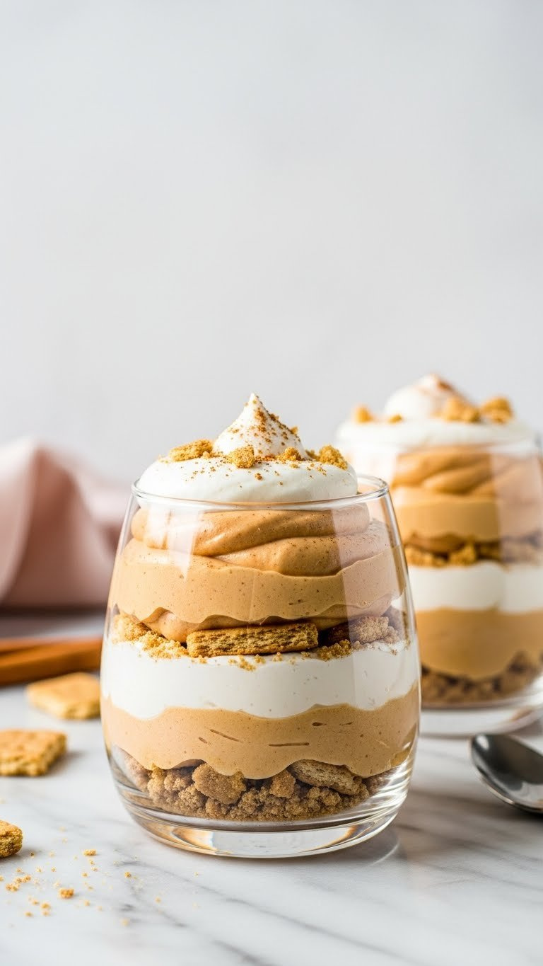 Elegant No-Bake Pumpkin Mousse Parfaits With Creamy Layers, Graham Crackers, Whipped Cream, Cinnamon On Marble Counter.