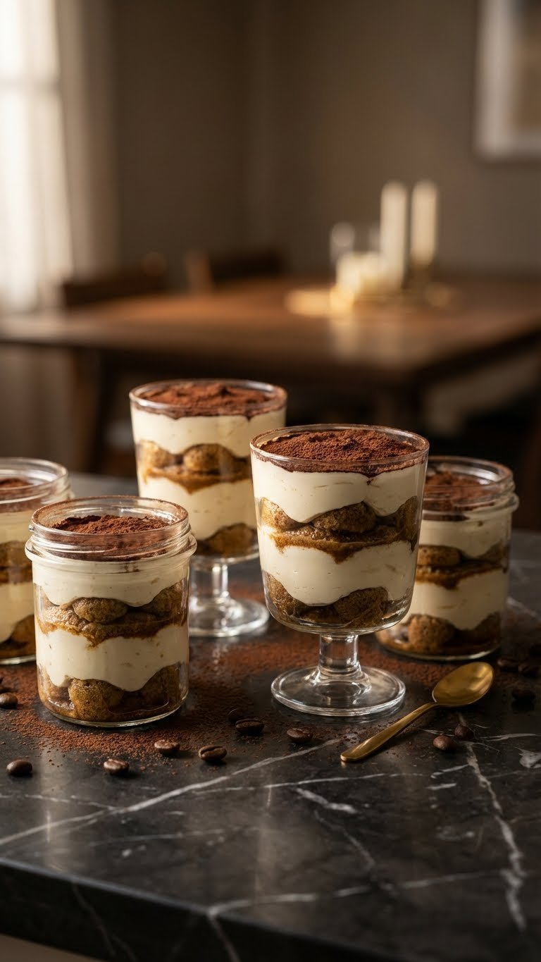 Elegant No-Bake Tiramisu Parfaits In Glass Jars, Showing Coffee-Soaked Ladyfingers, Mascarpone, And Cocoa Dusting.